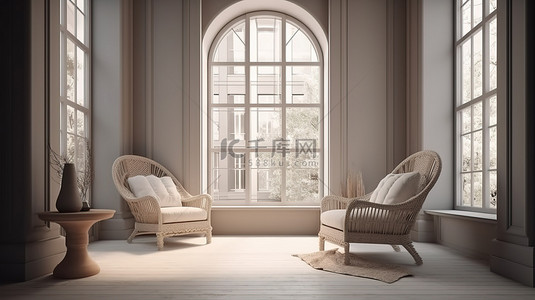 室内设计 3D 渲染一个舒适的座位角，窗边有两张无纺扶手椅
