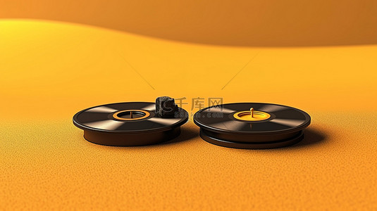 黄沙背景与 3D 渲染中平衡的黑色乙烯基记录