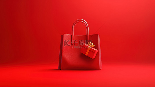 充满活力的红色购物袋在节日背景下庆祝圣诞快乐和新年快乐庆祝活动引人注目的销售横幅设计 3D 插图