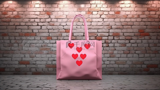 纸袋装饰背景图片_粉红色纸购物袋的特写 3D 渲染，在砖墙和空白框架前装饰着红心