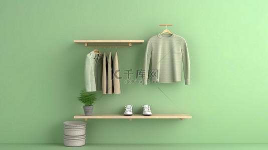 衣柜绿色背景图片_垃圾架子在 3D 柔和的绿色背景下展示衣服