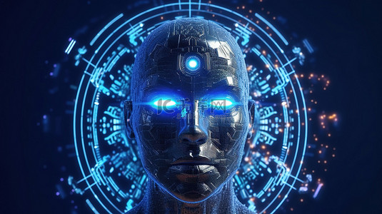 抽象 3D 渲染中卡尔达诺加密货币机器人的未来全息图头