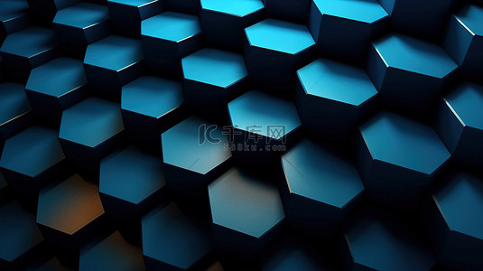 蓝色和黑色六边形的 3D 渲染背景图案