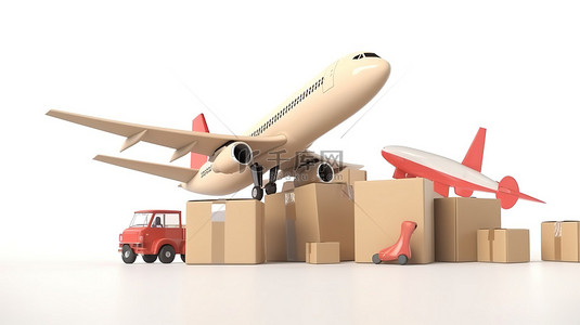 货物月台背景图片_快速空运卡通玩具喷气式飞机，配有货箱和白色背景 3D 渲染上的快速标志