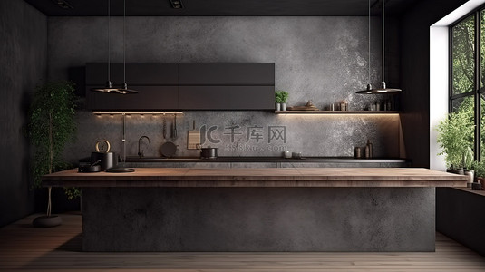 带有混凝土墙和吧台渲染和插图的质朴 3D 厨房场景
