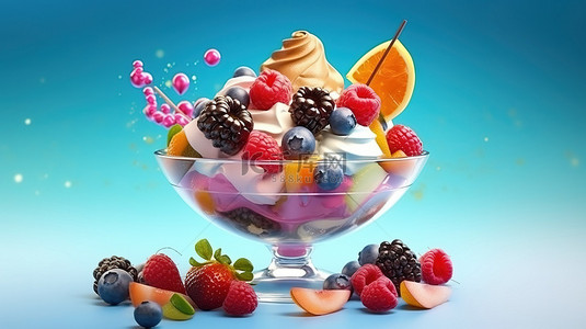勺子插图背景图片_3D 插图 ai 呈现美味的水果和浆果冰淇淋甜点
