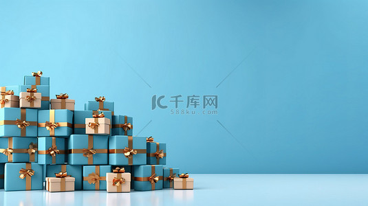 红色礼物盒背景背景图片_蓝色背景，带有空白文本空间和礼物盒的 3D 渲染