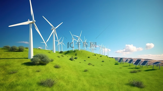 绿色与环保背景图片_绿色领域和蓝天与 3d 渲染风力涡轮机和创意灯泡