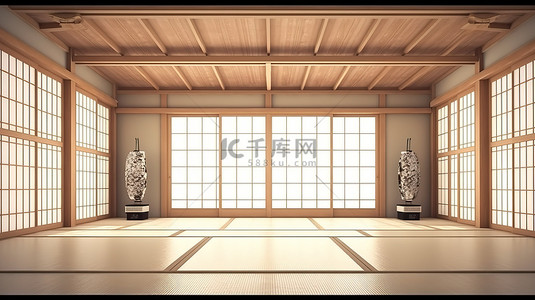 现代日本室内装饰简约的空房间，采用 3D 时尚屋顶设计