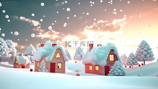 冬天海报背景图片_节日圣诞房子和树木的 3d 渲染