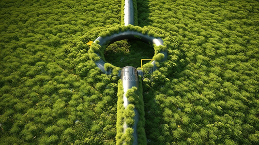 3D 渲染穿过草地的氢气管道的鸟瞰图