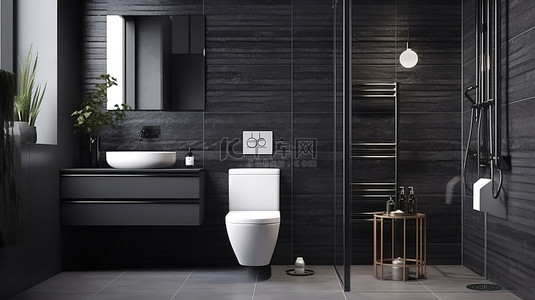现代室内时尚玻璃淋浴和卫生间组合，配有黑色大理石墙砖 3D 渲染