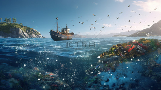 高质量背景图片_高质量插图中被塑料废物污染的海洋的 3D 渲染