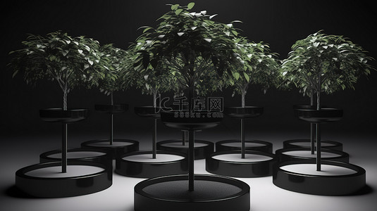 树下黑盆中郁郁葱葱的绿色植物的 3D 渲染水培系统
