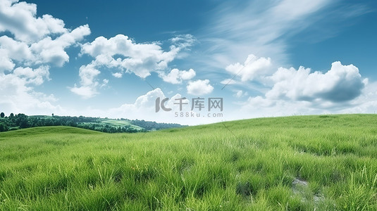 3d 渲染多云天空下郁郁葱葱的绿草起伏的田野