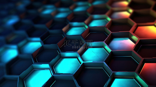 现代六边形碳纤维设计，带有 3D 渲染彩色灯光