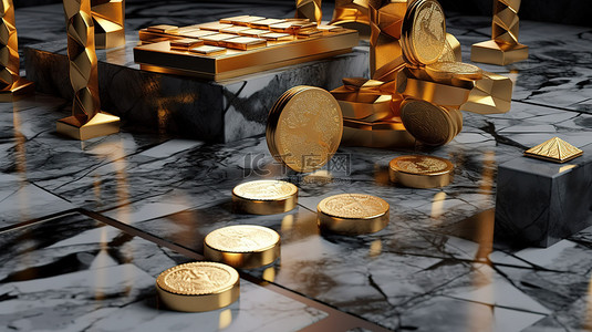 金条硬币和财富的大理石纹理几何 3D 渲染