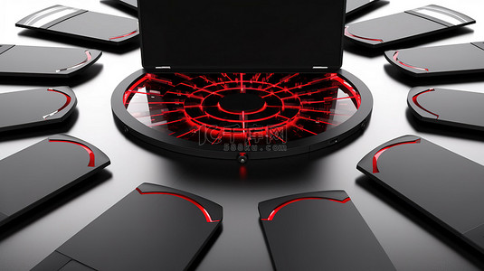 红色箭头以白色背景 3D 渲染上的文件夹周围的圆形形式连接笔记本电脑