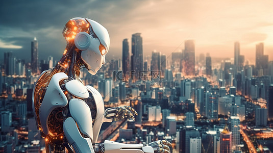 智慧城市插画背景图片_未来之城 3D 渲染的城市景观中的人工智能机器人