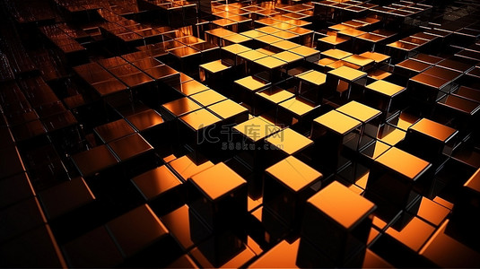 创意橙色背景图片_带有方形纹理抽象图案的优雅橙色和黑色 3D 渲染