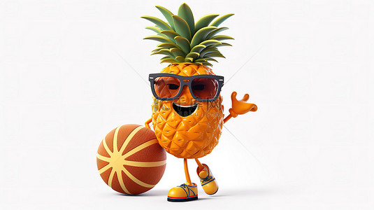 一个古怪的菠萝角色，带有 3D 渲染的篮球，作为白色背景下有趣的卡通时尚时髦吉祥物