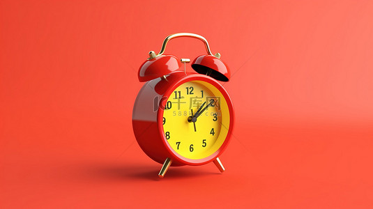 时间的闹钟背景图片_红色闹钟的 3D 渲染，带有显示 24 小时时间的黄色便签