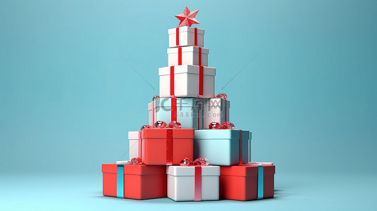 节日圣诞礼物布置在令人惊叹的蓝白红树 3D 渲染下