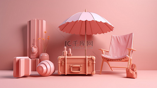 海背景图片_海滩度假必需品木板，带有粉红色背景手提箱中伞椅和救生圈的 3D 渲染