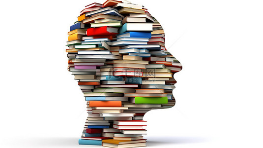 思考背景图片_文学智慧 3D 渲染书籍平衡在头上隔离在白色