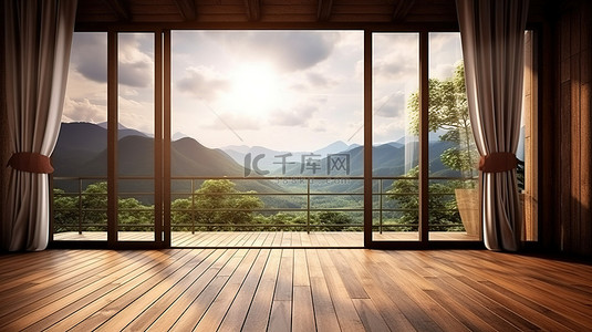 酒店预订喜宴海报背景图片_山景小屋木地板和舒适家具的 3D 渲染
