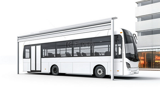 城市大型广告牌背景图片_大型白色长途汽车停在公交车站，背景为白色背景 3D 渲染的空广告牌
