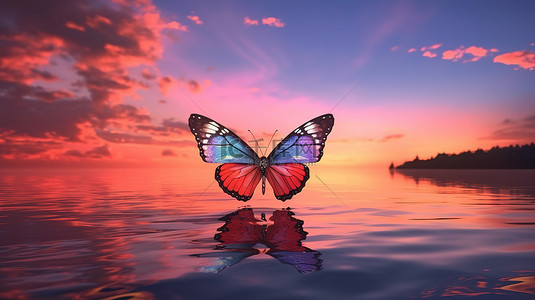 海天背景图片_日落时，一只充满活力的蝴蝶在多彩多姿的海洋和暮色天空上空翱翔的 3D 渲染