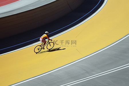 一名赛车手在赛道拐角处骑自行车