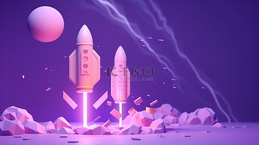 金风格背景图片_火箭喷气机飙升成功 3d 渲染初创公司的速度增长，在紫色柔和的背景上以最小的卡通风格呈现硬币和星星