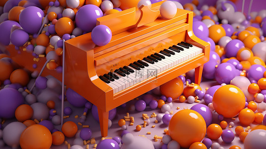 紫色背景的充满活力的 3D 渲染，明亮的橙色钢琴周围环绕着音符和俏皮的彩色球