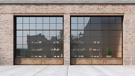 店铺水印背景图片_店面的空水平窗户非常适合展示您的产品或通过 3D 砖墙渲染创建别致的阁楼设计
