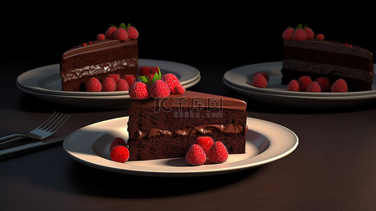 一盘腐朽的巧克力蛋糕片，上面是新鲜的草莓，在 3D 渲染中