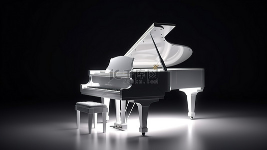 通过 3D 渲染创建的黑色背景，在体积光中照亮白色钢琴
