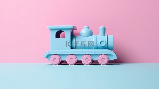 粉红色背景 3D 渲染上的儿童蓝色塑料玩具火车模型