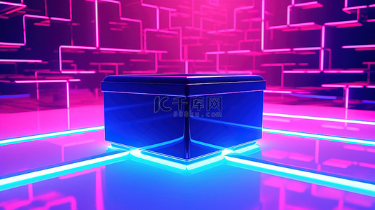 蓝色和粉色背景下以蒸汽波风格渲染的 3D 盒子