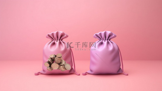 粉红色背景上钱袋子的财富插图，表示储蓄