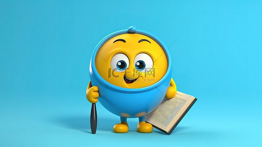 读书背景图片_黄色背景，带有放大镜的蓝书吉祥物的 3D 渲染