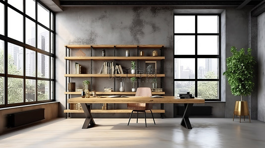 和平元素背景图片_时尚的阁楼会议空间，配有木桌框窗户和 3D 混凝土地板