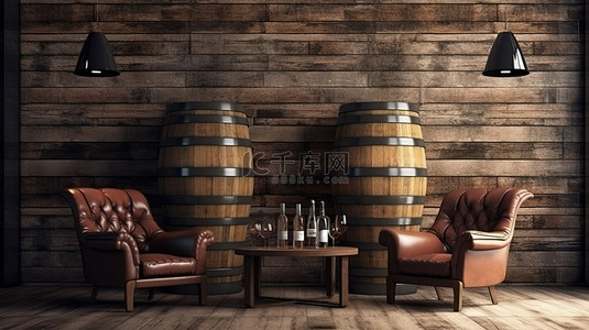 阁楼客厅装饰有皮椅，配有 3D 渲染的木制酒桶背景