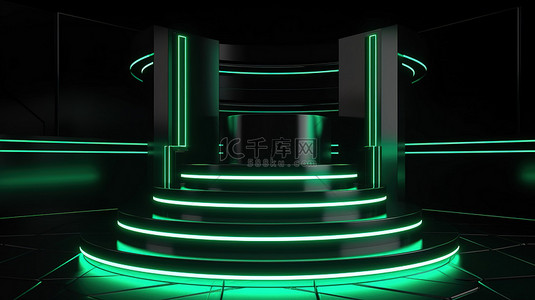 带有几何讲台和绿色霓虹灯的科幻展台在 3d 渲染的黑色舞台上