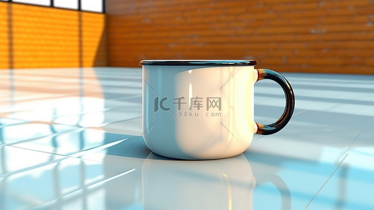 咖啡厅背景图片_光线充足的工作室中的空搪瓷杯放置在充满活力的地板上 3D 视觉