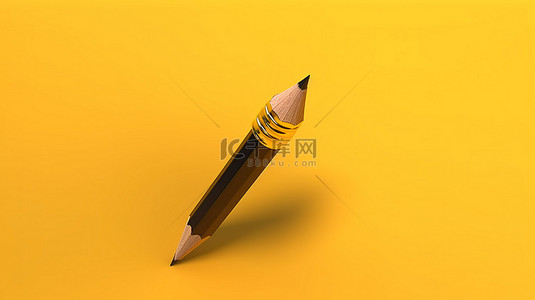 用于教育或创意目的的黄色背景上的铅笔的 3D 渲染