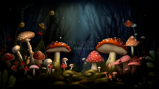 蘑菇梦幻背景图片_森林蘑菇黑色背景