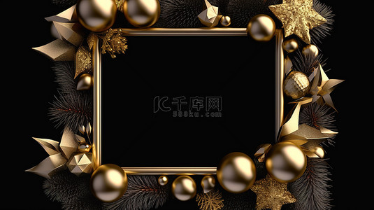 亮黑色背景图片_黑色背景下令人惊叹的 3D 渲染中描绘的喜庆而优雅的圣诞金框