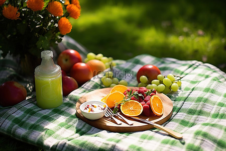 水果沙拉背景图片_带沙拉和苹果的户外野餐